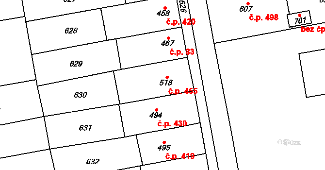 Horní Moštěnice 455 na parcele st. 518 v KÚ Horní Moštěnice, Katastrální mapa