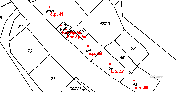 Všeborovice 54, Dalovice na parcele st. 64 v KÚ Všeborovice, Katastrální mapa