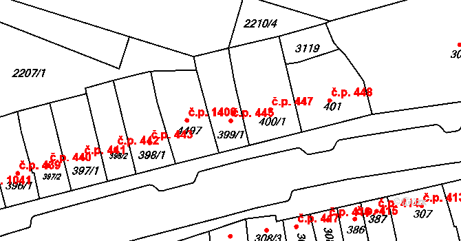 Kyjov 445 na parcele st. 399/1 v KÚ Kyjov, Katastrální mapa