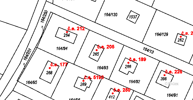 Doubravčice 205 na parcele st. 265 v KÚ Doubravčice, Katastrální mapa