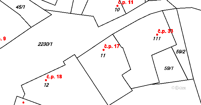 Komařice 17 na parcele st. 11 v KÚ Komařice, Katastrální mapa