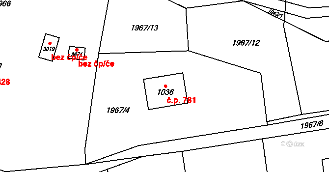 Rožnov pod Radhoštěm 781 na parcele st. 1036 v KÚ Rožnov pod Radhoštěm, Katastrální mapa