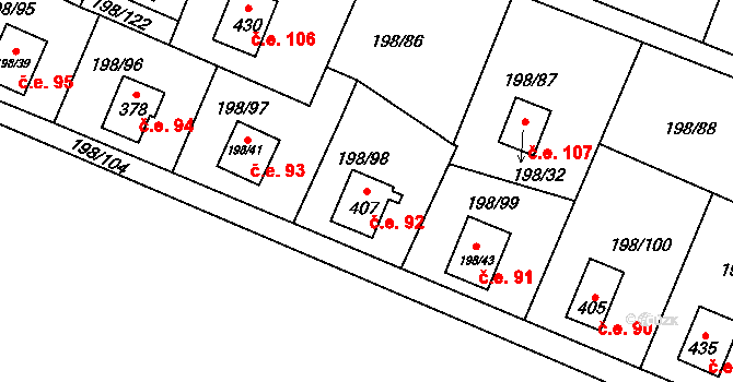 Kozlany 92 na parcele st. 407 v KÚ Kozlany, Katastrální mapa