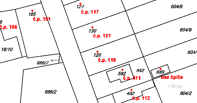 Kly 119 na parcele st. 128 v KÚ Kly, Katastrální mapa