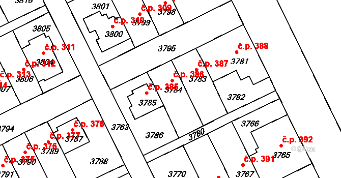 Záběhlice 386, Praha na parcele st. 3784 v KÚ Záběhlice, Katastrální mapa