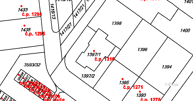 Šlapanice 1316 na parcele st. 1397/1 v KÚ Šlapanice u Brna, Katastrální mapa