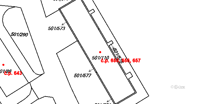 Ráj 656,657,658, Karviná na parcele st. 501/110 v KÚ Ráj, Katastrální mapa