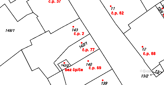 Černice 77, Plzeň na parcele st. 142/1 v KÚ Černice, Katastrální mapa