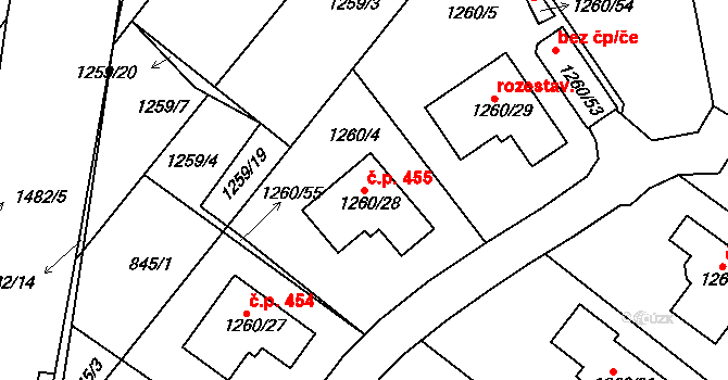 Troubsko 455 na parcele st. 1260/28 v KÚ Troubsko, Katastrální mapa