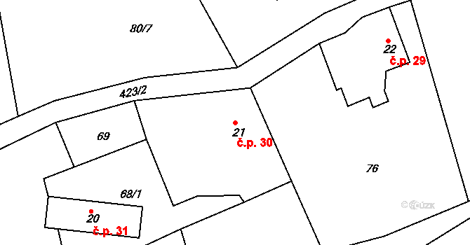 Plhov 30, Samšina na parcele st. 21 v KÚ Plhov, Katastrální mapa
