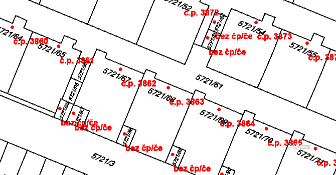 Prostějov 3863 na parcele st. 5721/68 v KÚ Prostějov, Katastrální mapa