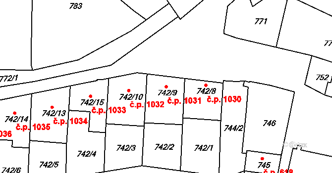 Jemnice 1031 na parcele st. 742/9 v KÚ Jemnice, Katastrální mapa