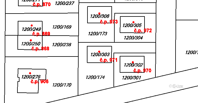Vejprnice 971 na parcele st. 1200/303 v KÚ Vejprnice, Katastrální mapa