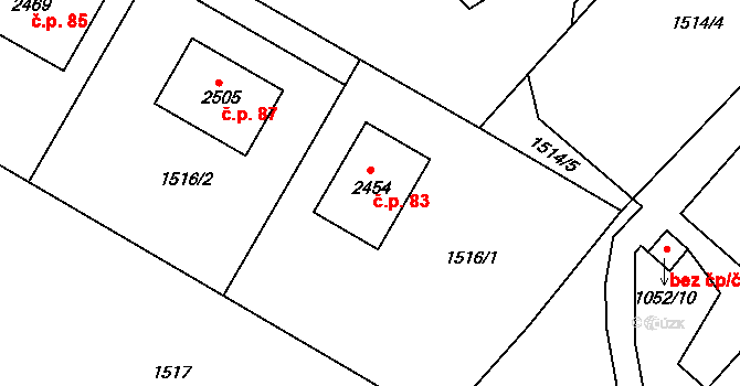 Kladruby 83, Chlumec nad Cidlinou na parcele st. 2454 v KÚ Chlumec nad Cidlinou, Katastrální mapa