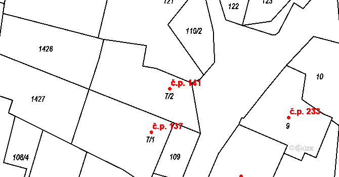 Horní Bory 141, Bory na parcele st. 7/2 v KÚ Horní Bory, Katastrální mapa