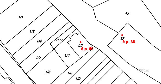 Lhotice 50 na parcele st. 50 v KÚ Lhotice u Jemnice, Katastrální mapa