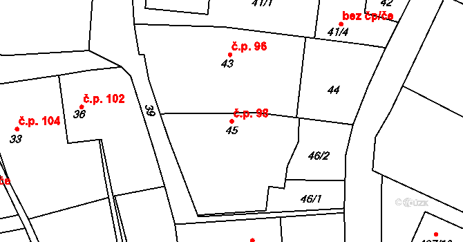 Chlebičov 98 na parcele st. 45 v KÚ Chlebičov, Katastrální mapa