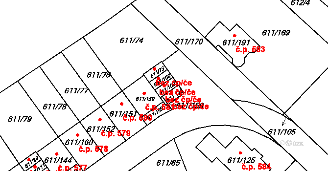 Srubec 49897560 na parcele st. 611/109 v KÚ Srubec, Katastrální mapa