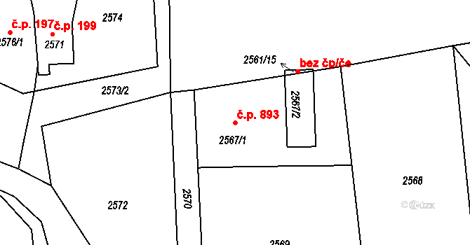 Horní Suchá 893 na parcele st. 2567/1 v KÚ Horní Suchá, Katastrální mapa