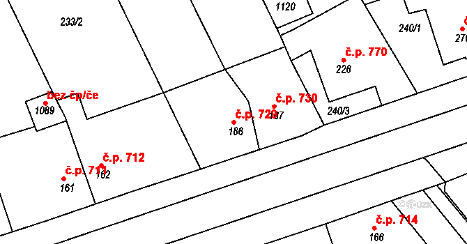 Rudná 729 na parcele st. 186 v KÚ Hořelice, Katastrální mapa