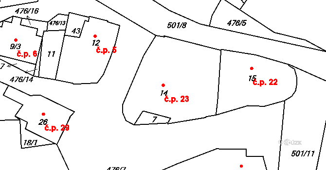 Bořice 23, Zahořany na parcele st. 14 v KÚ Bořice u Domažlic, Katastrální mapa