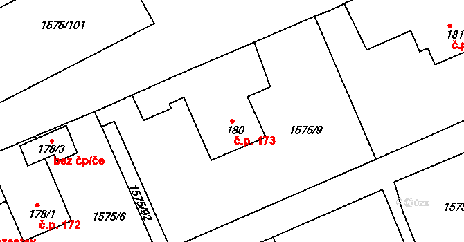 Hrádek 173 na parcele st. 180 v KÚ Hrádek u Rokycan, Katastrální mapa