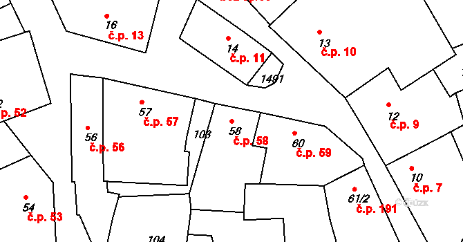 Lhenice 58 na parcele st. 58 v KÚ Lhenice, Katastrální mapa