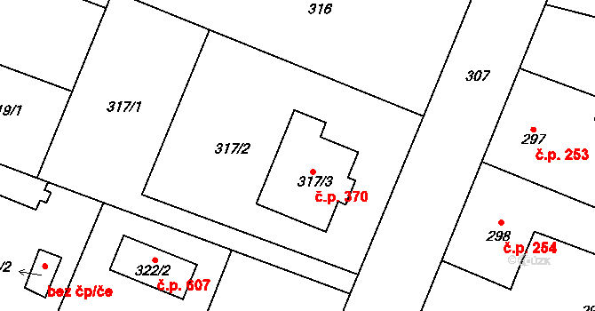 Zruč 370, Zruč-Senec na parcele st. 317/3 v KÚ Zruč, Katastrální mapa