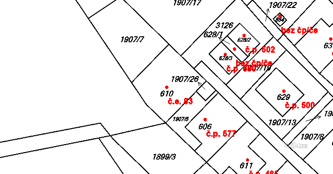 Petrovice 83 na parcele st. 610 v KÚ Petrovice u Chabařovic, Katastrální mapa