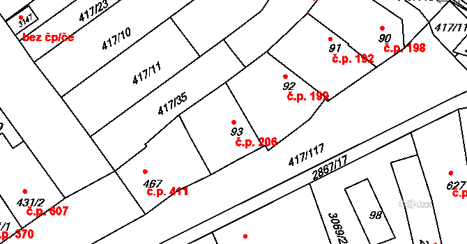 Bystřice pod Hostýnem 206 na parcele st. 93 v KÚ Bystřice pod Hostýnem, Katastrální mapa