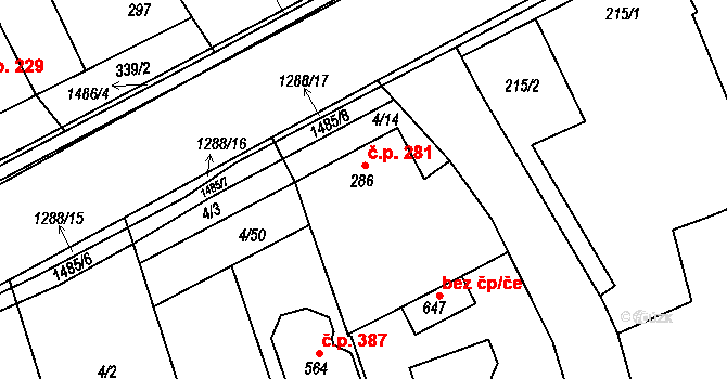 Osek nad Bečvou 281 na parcele st. 286 v KÚ Osek nad Bečvou, Katastrální mapa