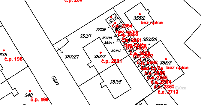 Jihlava 2521 na parcele st. 353/3 v KÚ Jihlava, Katastrální mapa