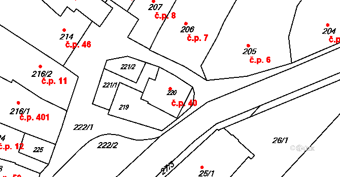 Popůvky 40 na parcele st. 220 v KÚ Popůvky u Brna, Katastrální mapa