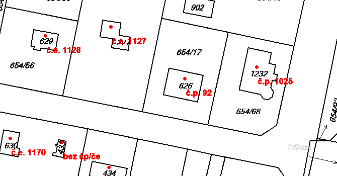 Kamenice 92 na parcele st. 626 v KÚ Těptín, Katastrální mapa