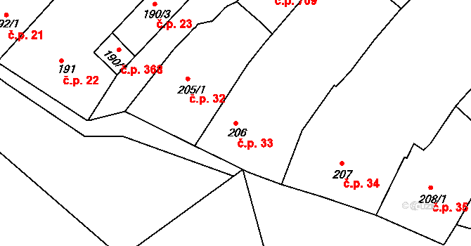 Brandýs nad Labem 33, Brandýs nad Labem-Stará Boleslav na parcele st. 206 v KÚ Brandýs nad Labem, Katastrální mapa