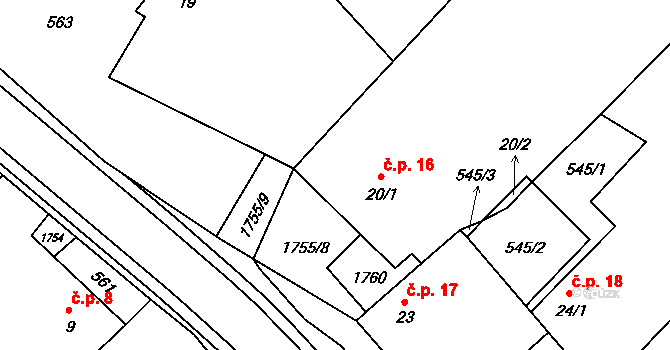 Budeč 16 na parcele st. 20/1 v KÚ Budeč, Katastrální mapa