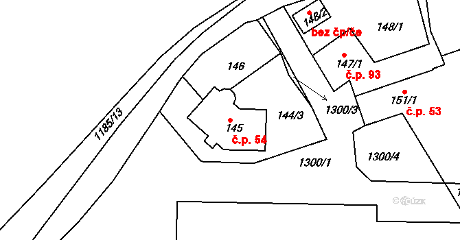 Tuchlovice 54 na parcele st. 145 v KÚ Tuchlovice, Katastrální mapa