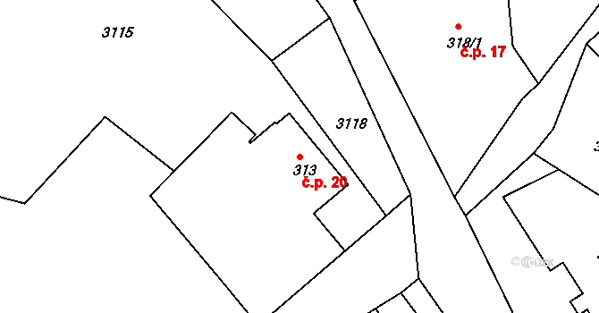 Uhelná 20, Hrádek nad Nisou na parcele st. 313 v KÚ Václavice u Hrádku nad Nisou, Katastrální mapa