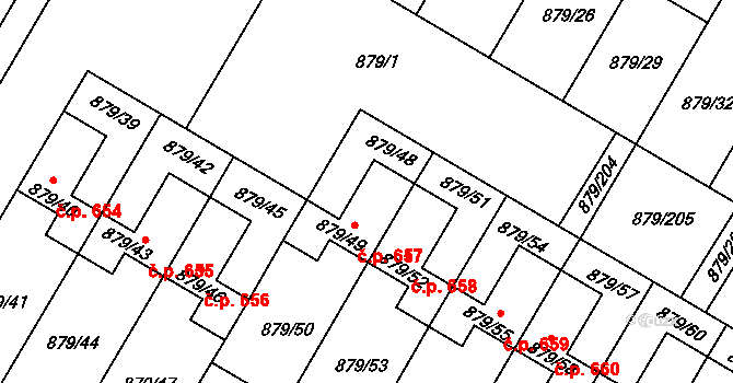 Kosmonosy 657 na parcele st. 879/49 v KÚ Kosmonosy, Katastrální mapa
