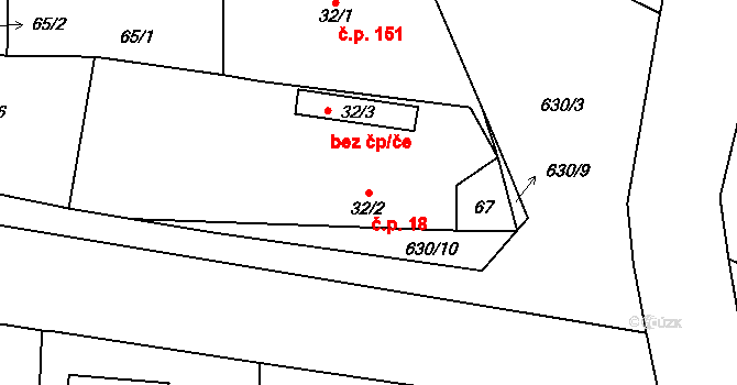 Lovčice 18 na parcele st. 32/2 v KÚ Lovčice u Nového Bydžova, Katastrální mapa