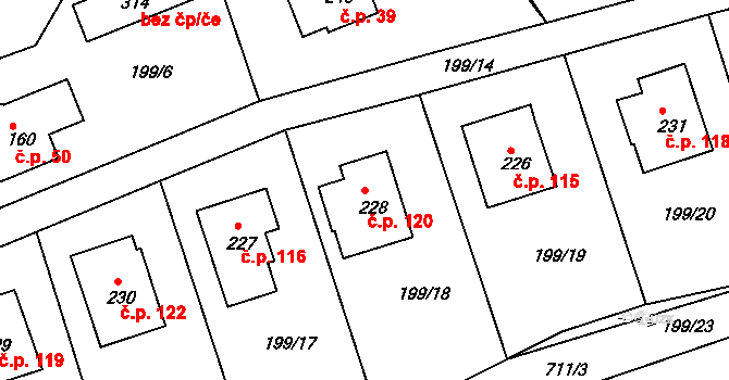 Vysoký Chlumec 120 na parcele st. 228 v KÚ Vysoký Chlumec, Katastrální mapa