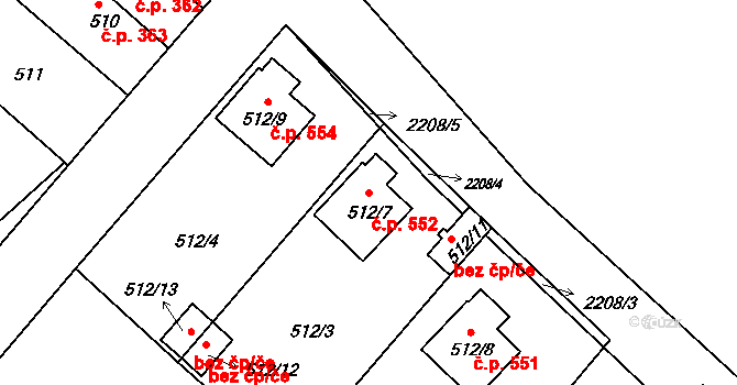 Březnice 552 na parcele st. 512/7 v KÚ Březnice, Katastrální mapa