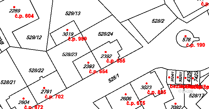 Borovina 655, Třebíč na parcele st. 2392 v KÚ Třebíč, Katastrální mapa