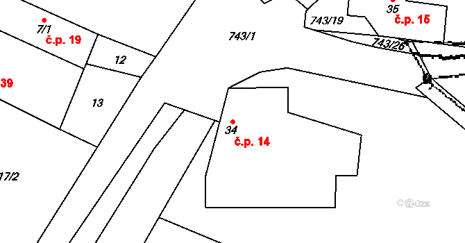 Vrážné 14 na parcele st. 34 v KÚ Vrážné, Katastrální mapa