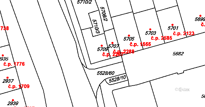 Židenice 2287, Brno na parcele st. 5709 v KÚ Židenice, Katastrální mapa