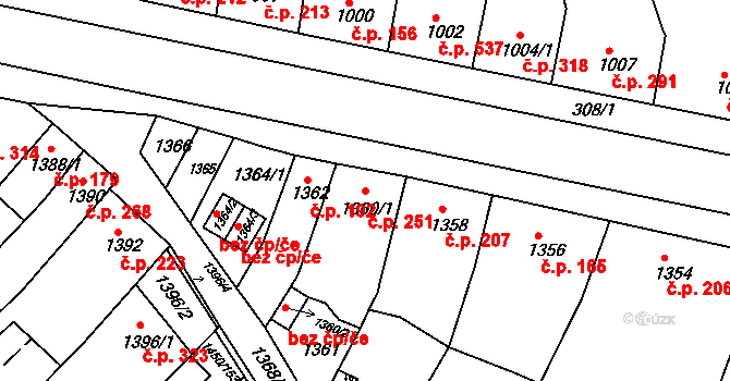 Komín 251, Brno na parcele st. 1360/1 v KÚ Komín, Katastrální mapa