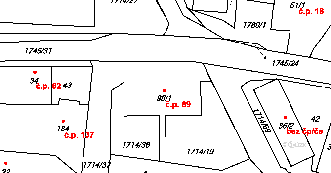 Temelín 89 na parcele st. 98/1 v KÚ Temelín, Katastrální mapa