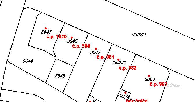 Teplice 981 na parcele st. 3647 v KÚ Teplice, Katastrální mapa