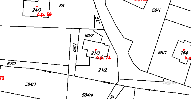 Komora 74, Holčovice na parcele st. 21/3 v KÚ Komora, Katastrální mapa
