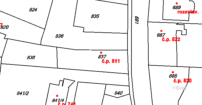 Šeberov 511, Praha na parcele st. 837 v KÚ Šeberov, Katastrální mapa